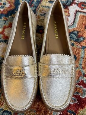 COACH Metallic Gold ONLY small horse logo Leather Penny Loafers Marley Driver